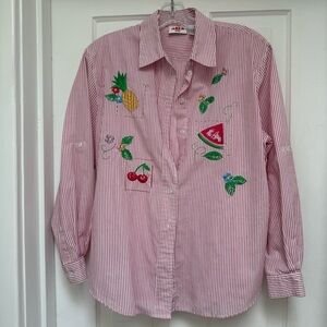 Fun Pink Striped Shirt with Fruit Embroidery Medium
